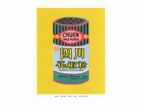 Image of a Japanese inspired risograph print featuring a tin can of Chuen Pepper by Utrecht based We are out of office available now at Cuemars