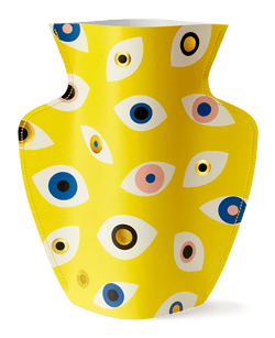 yellow paper vase with illustrations of eyes in different colours by Spanish design studio Octaevo, available at cuemars.com