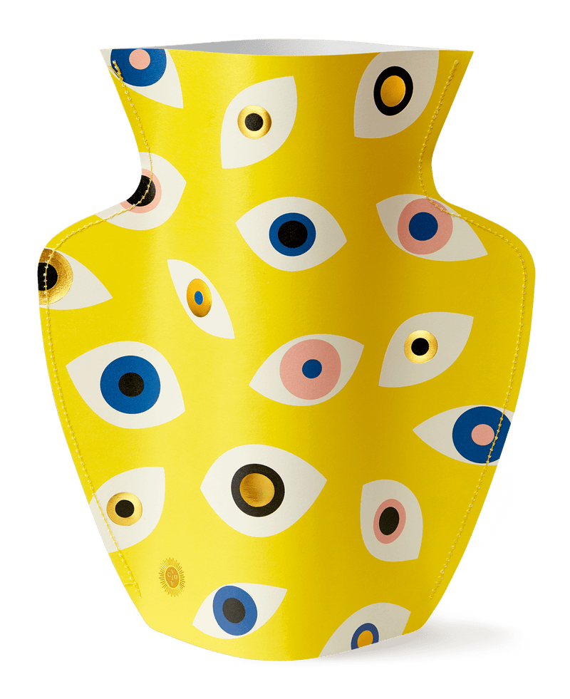 yellow paper vase with illustrations of eyes in different colours by Spanish design studio Octaevo, available at cuemars.com