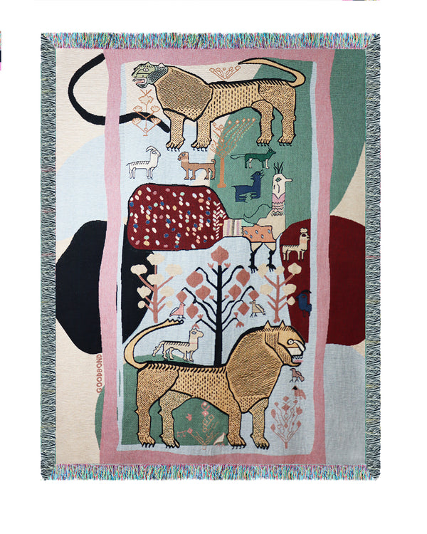 Persian rug inspired cotton throw by East London designers Goodbond, featuring different symbolic animals within persian tribal carpets
