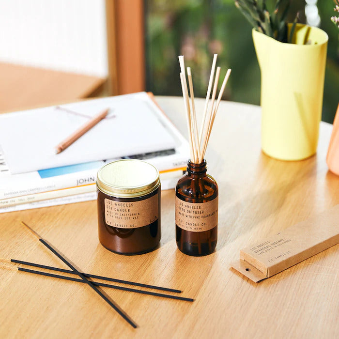 Los Angeles Reed rattan reed diffuser, soy wax candle and incense sticks by PF Candle Co, available at cuemars.com