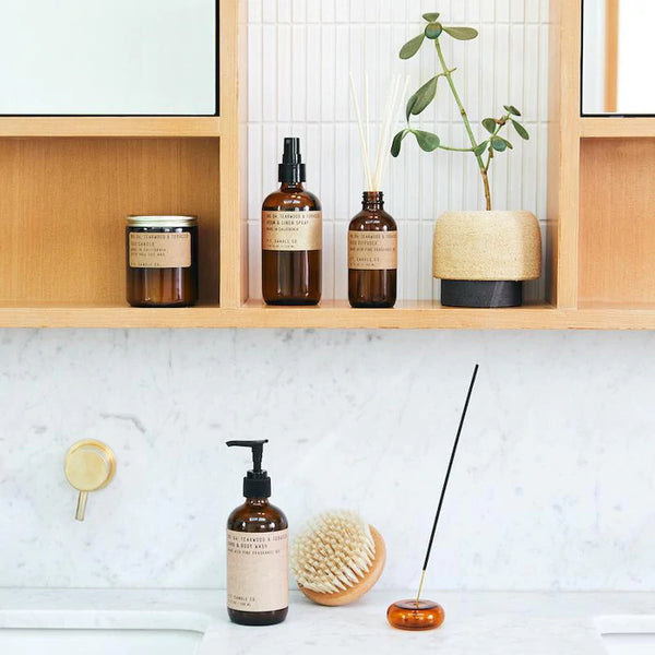 N04 Teakwood and Tobacco Linen Spray in amber glass bottle, by Californian PF Candle Co. Available at cuemars.com