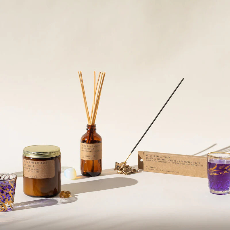 reed diffuser in amber glass jar by PF Candle Co. Number 35 Ojail Lavender is available at www.cuemars.com