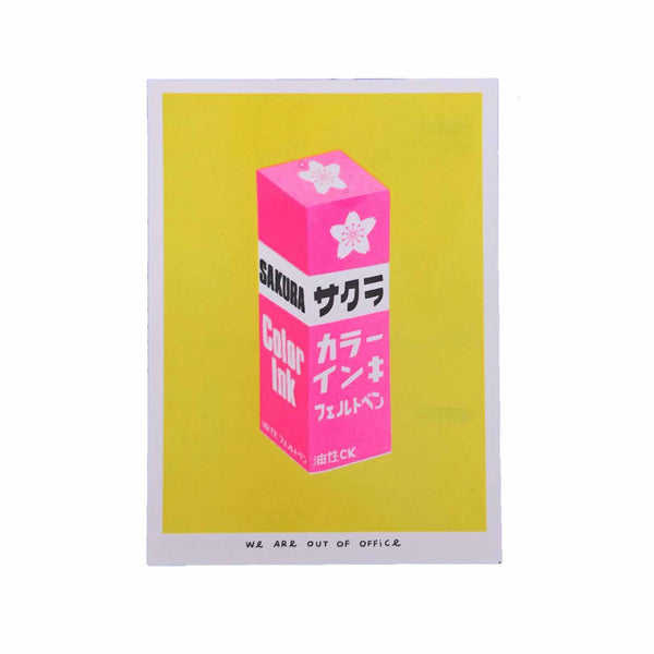 Vibrant risograph print featuring a very bright package of pink Sakura Ink on a yellow background. Designed and printed by Dutch studio We Are Out of Office