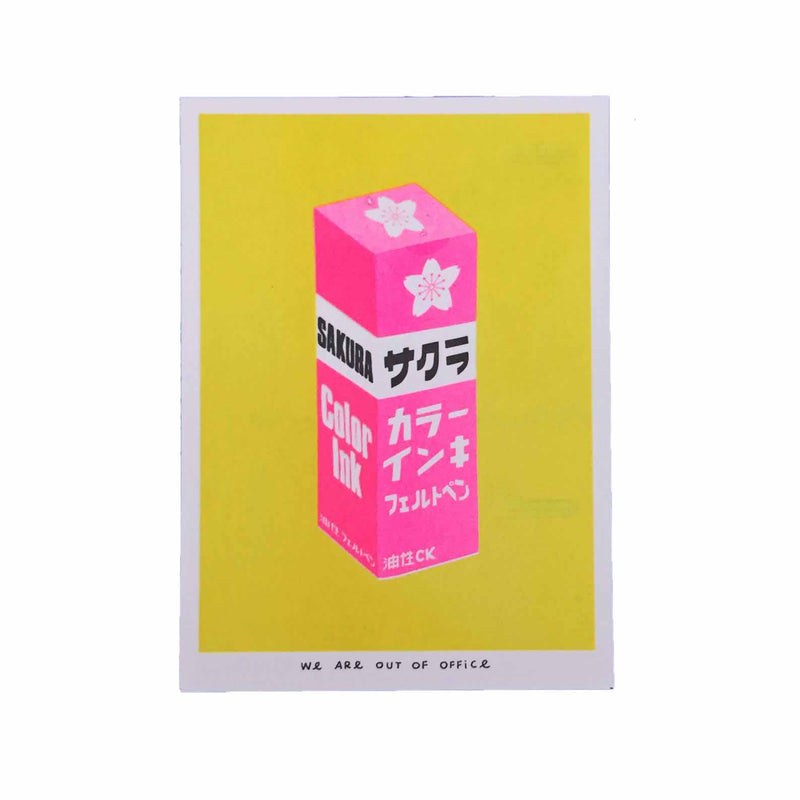 Vibrant risograph print featuring a very bright package of pink Sakura Ink on a yellow background. Designed and printed by Dutch studio We Are Out of Office