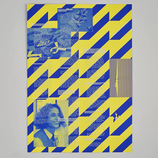 interview with malika favre who has designed a yellow and blue illustration of an oversized parasol and three woman in bikini, by Posterzine. Available at cuemars.com
