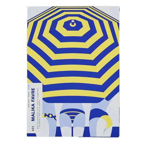 malika favre yellow and blue design of an oversized parasol and three woman in bikini, by Posterzine. Available at cuemars.com