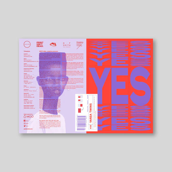Yarza Twins studio design of bold purple typography saying YES in different sizes on a red background front and cover, by Posterzine. Available at cuemars.com
