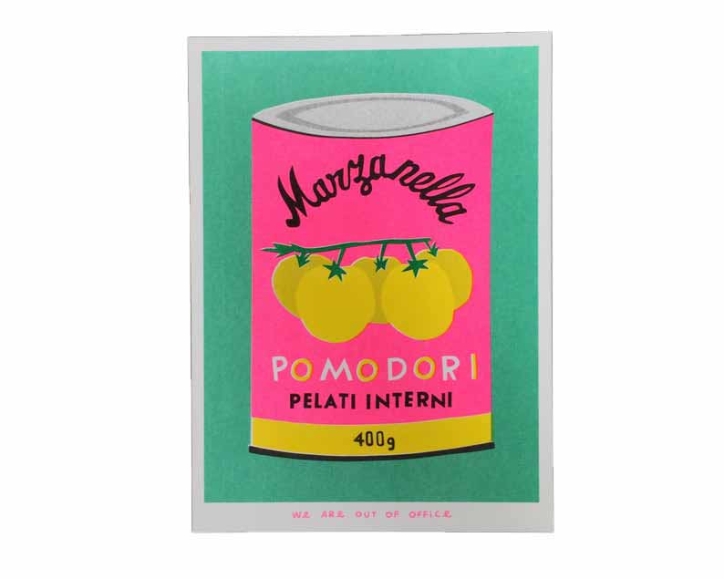 Vibrant risograph print featuring a can of italian Marzanella Pomodori. Designed and printed by Dutch studio We Are Out of Office