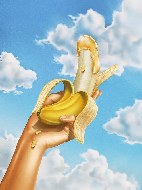 Hand holding an opened banana in front of a blue background with white clouds by London artist River Cousin