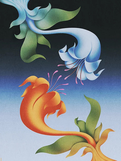 two flowers facing each other, one representing love and one representing fear by London artist River Cousin. Available at www.cuemars.com