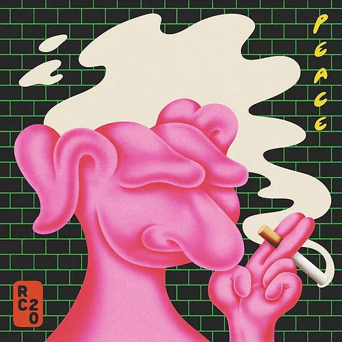 Pink face with tongues as ears, smoking a cigarette on a bricked black background that says Peace in yellow and RC20, by London artist River Cousin. Available at www.cuemars.com 