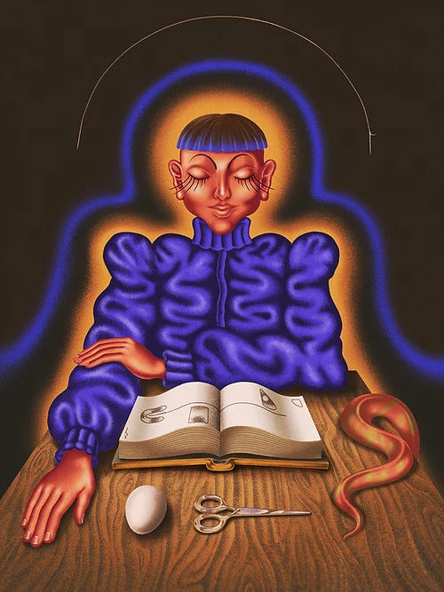 Person meditating with the eyes closed surrounded by a green and blue aura reading a book with a pair of scissors and an egg on the table, by London artist River Cousin. Available at www.cuemars.com
