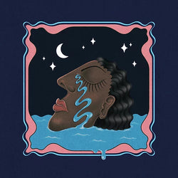 Floating profile head of a woman crying on the sea with her eyes closed on a starry night background by Londoner River Cousin and Berlin artist Sweetest Taboo. Available at www.cuemars.com