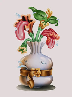 Broken cartoony flower pot with 4 flowers, 2 of which have their tongue out by London artist River Cousin