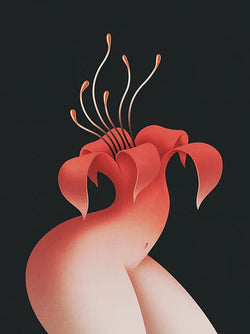 Bottom half of a woman boody blooming with a red flower as their top of their body on a black background. By London artist River Cousin, available at www.cuemars.com