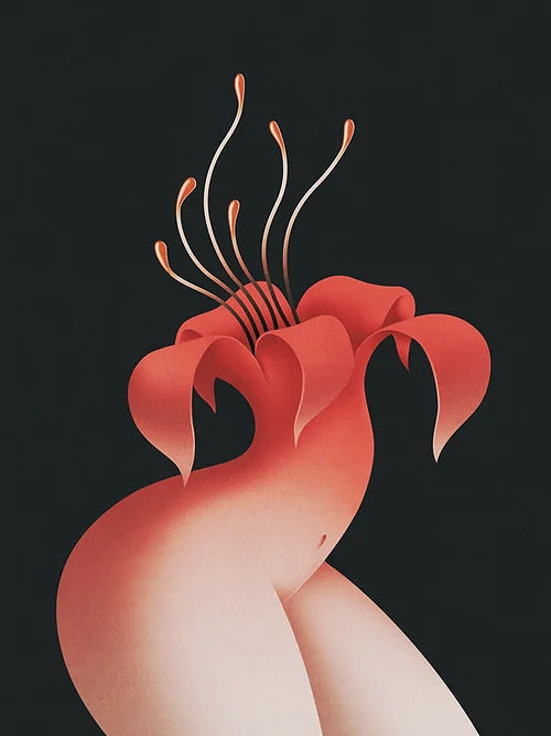Bottom half of a woman boody blooming with a red flower as their top of their body on a black background. By London artist River Cousin, available at www.cuemars.com