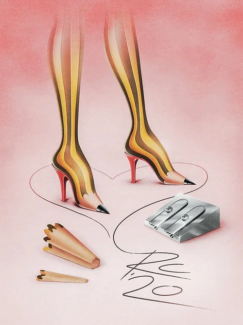 Two pencils as legs, in high heels and a sharpener on the side with the typography RC20 by London artist River Cousin