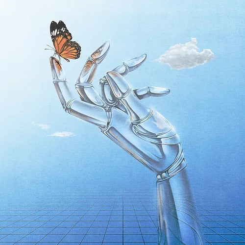 Transparent hand with a sorayama butterfly on one finger in a blue background with 2 white clouds by London artist River Cousin