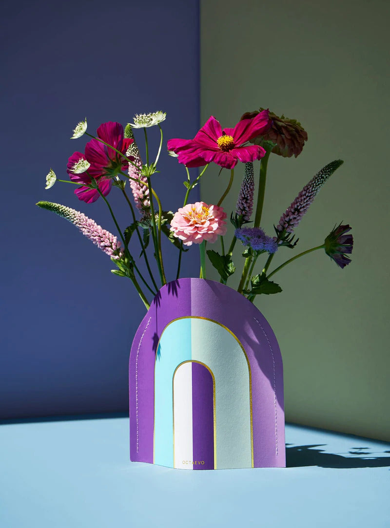 purple and blue paper vase in the shape of an arch by Spanish design studio Octaevo, available at cuemars.com