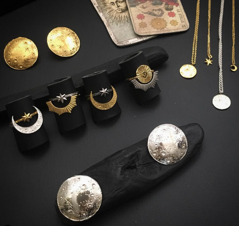 Display of moon and stars jewellery designed and handcrafted by independent maker Momocreatura in London