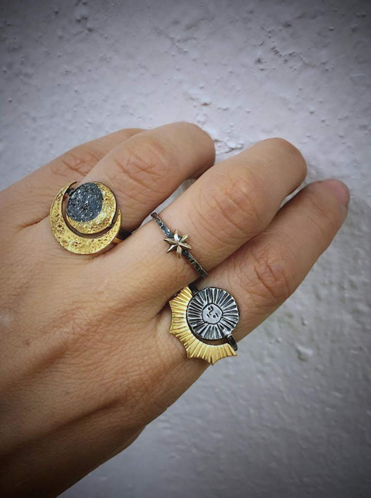 Silver Sun Ring with face and sun rays, star ring and gold moon rings made by hand by maker Momocreatura