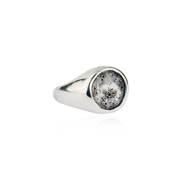 Handmade Silver Moon Signet Ring featuring the moon craters. Crafted by Momocreatura