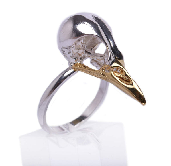 Small Magpie Skull Ring with sterling silver x 24ct gold plated beak by MISAN