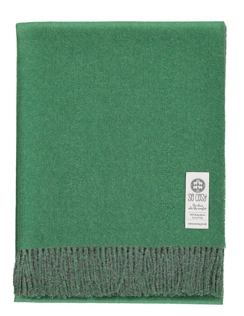 Woven grey and green reversible Baby Alpaca soft blanket designed in the UK by So Cosy