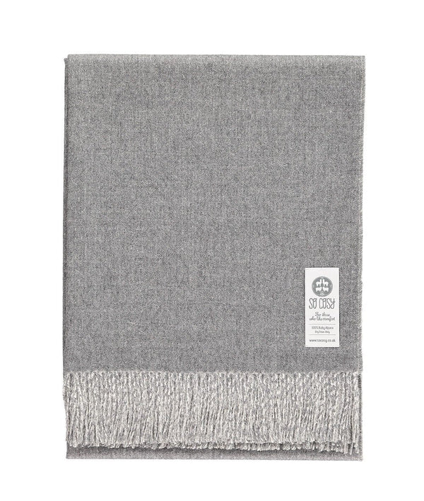Woven light grey and white reversible Baby Alpaca soft blanket designed in the UK by So Cosy