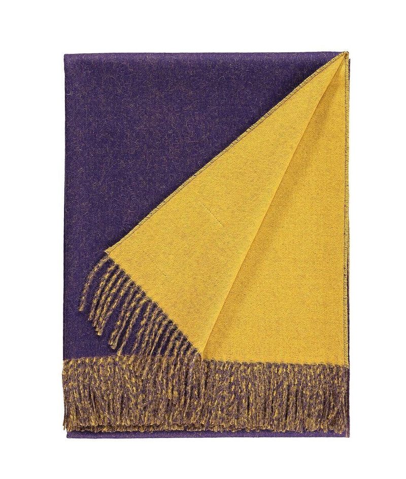 details of Woven purple and yellow reversible Baby Alpaca soft blanket designed in the UK by So Cosy