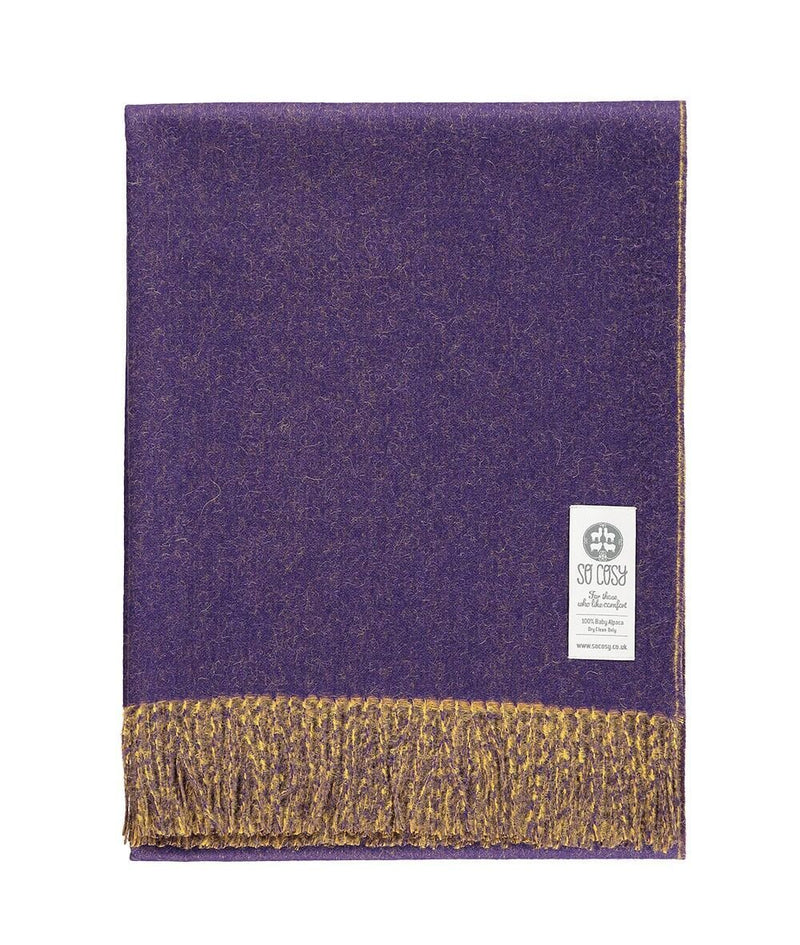 Woven purple and yellow reversible Baby Alpaca soft blanket designed in the UK by So Cosy