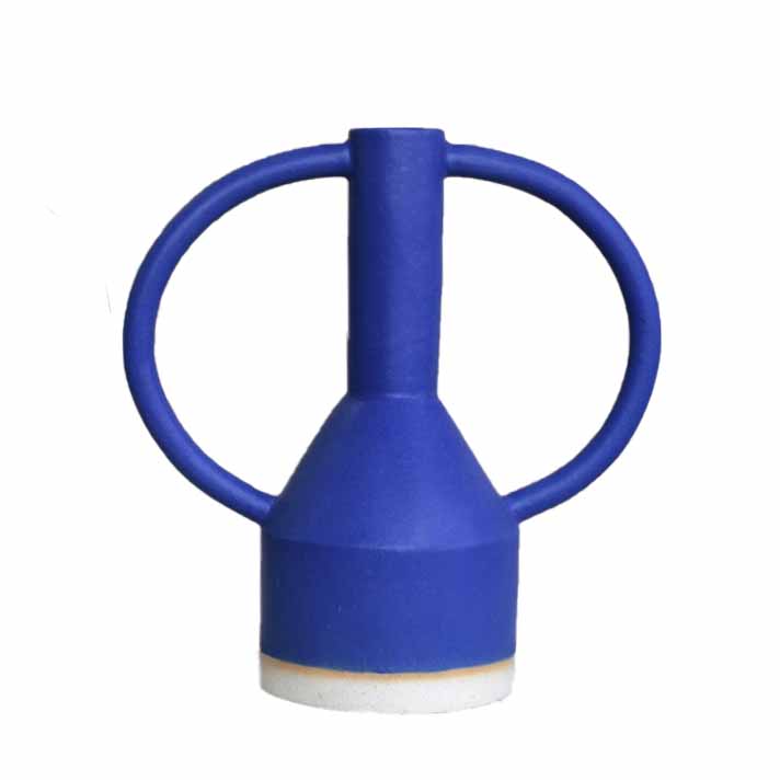 blue ceramic vase with 2 big eared handles handmade in London by ceramicist Sophie Alda, available at cuemars.com