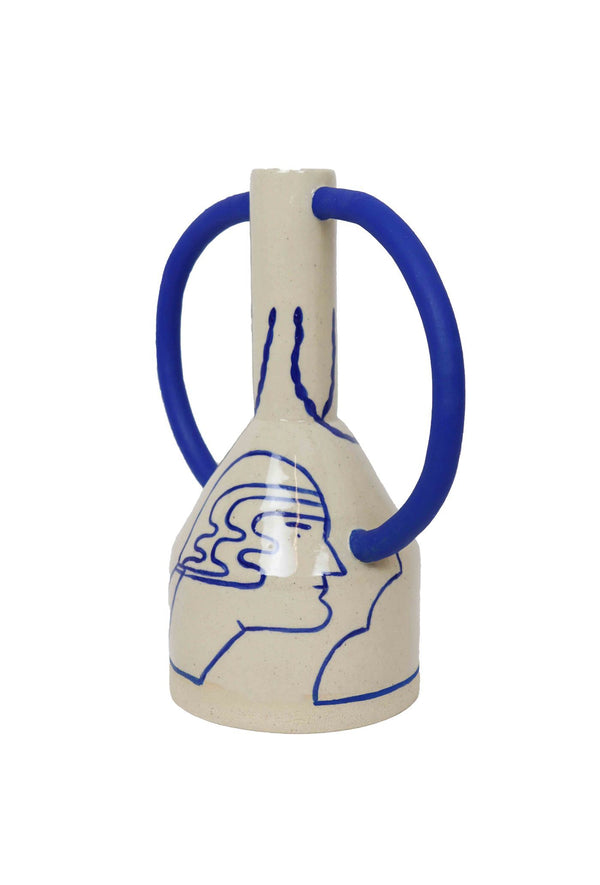 Big eared ceramic flower vase in blue and cream handmade by Sophie Alda