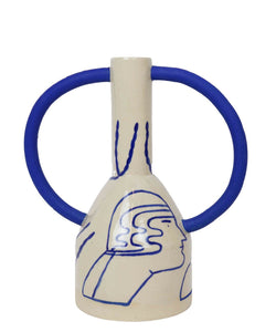 Big eared ceramic flower vase in blue and cream handmade by Sophie Alda