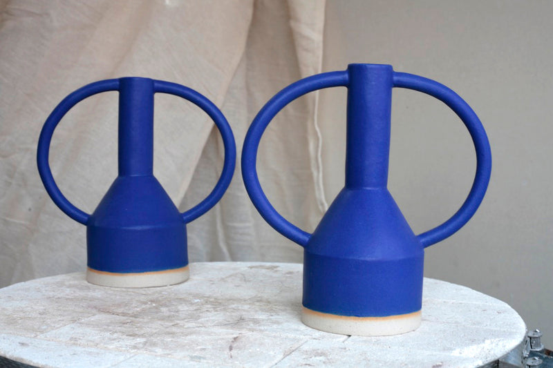 blue ceramic vase with 2 big eared handles handmade in London by ceramicist Sophie Alda, available at cuemars.com