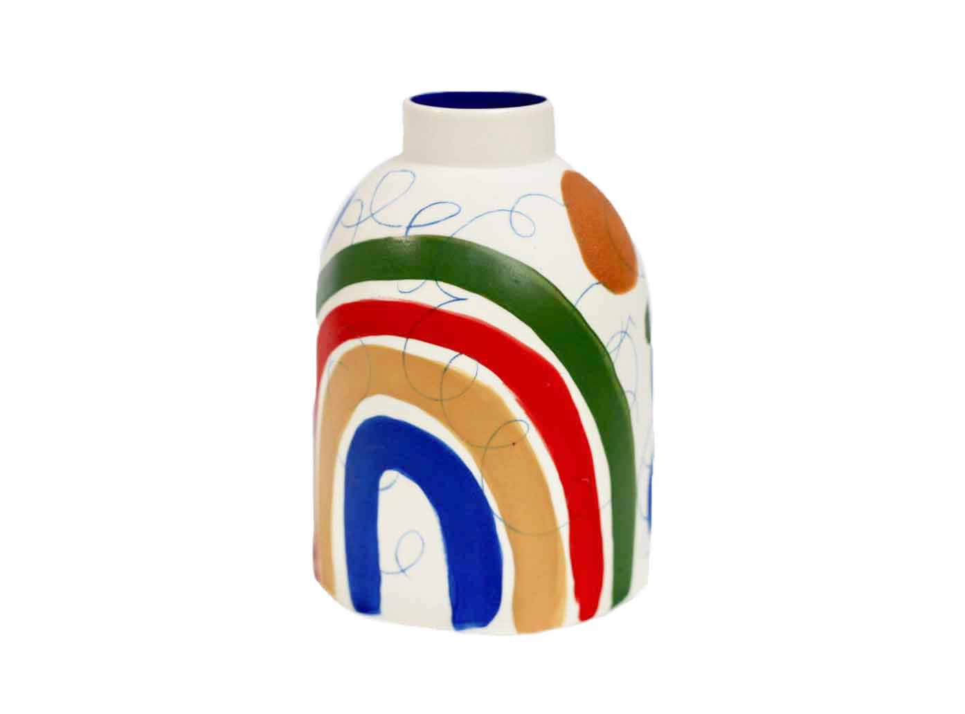 handmade porcelain vase by ceramicist Sophie Alda showcasing a rainbow and different colour brushstrokes that make this handmade piece a unique staple for home. Available at cuemars.com