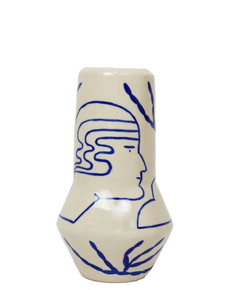 Detail of face from this handmade ceramic flower vase by Sophie Alda in her London pottery studio