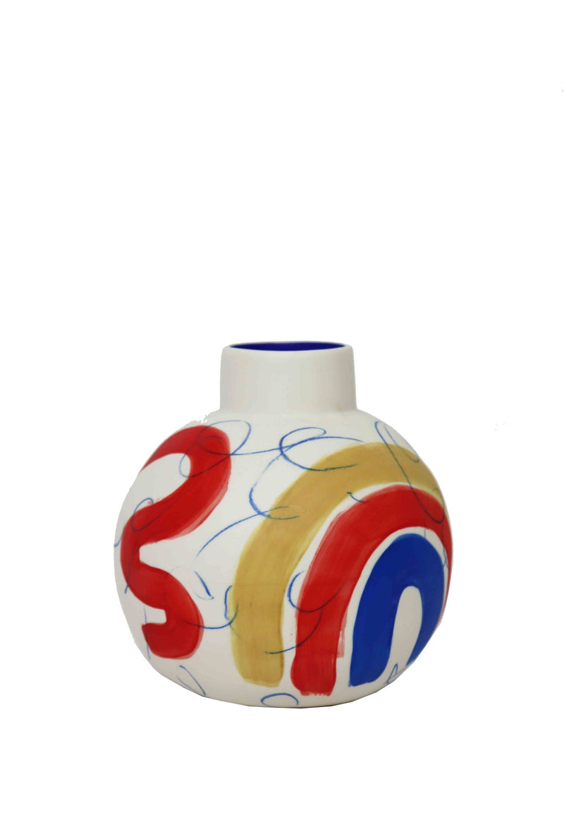 rainbow flower vase handmade by sophie alda in white, blue, ochre and red