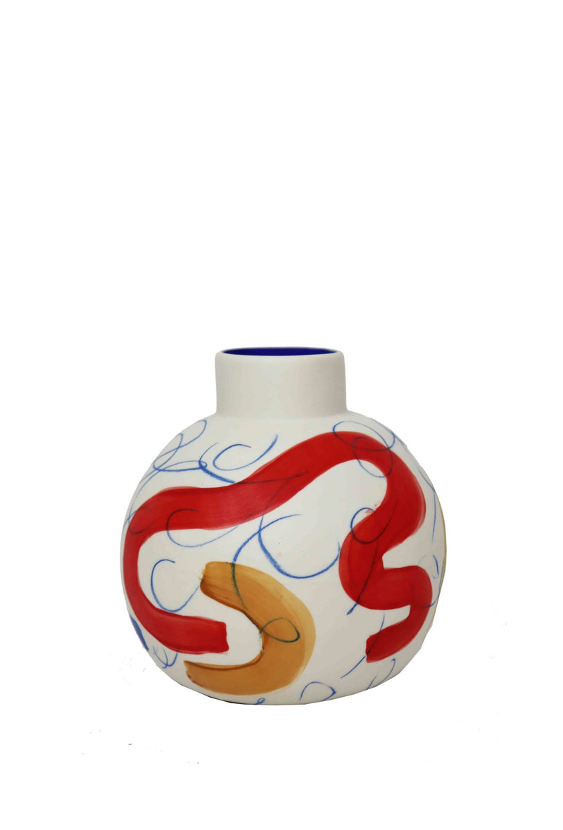 rainbow flower vase handmade by sophie alda in white, blue, ochre and red