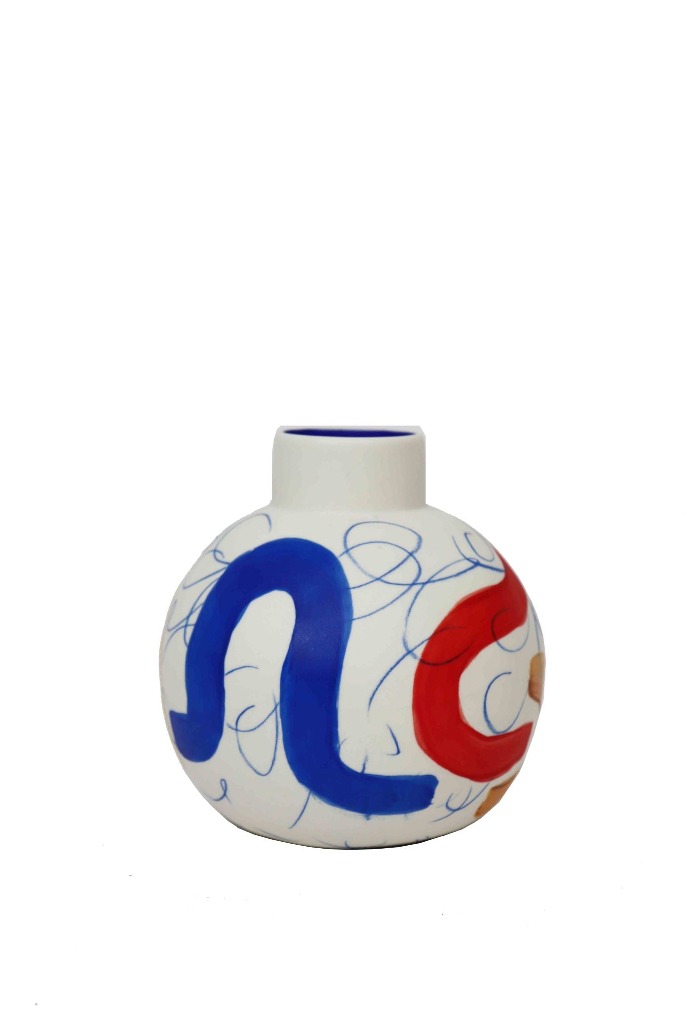rainbow flower vase handmade by sophie alda in white, blue, ochre and red
