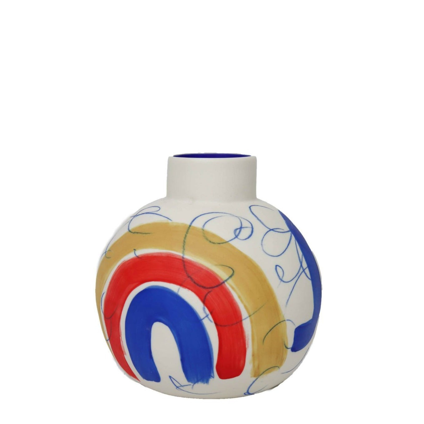 rainbow flower vase handmade by sophie alda in white, blue, ochre and red