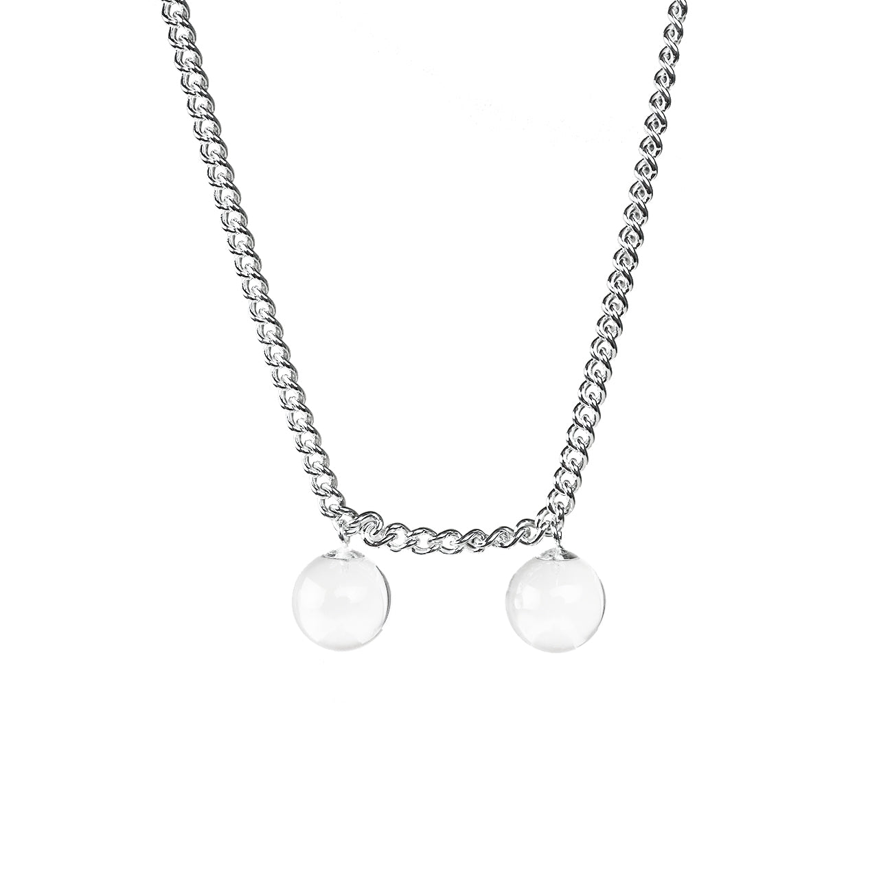 Handmade chunky statement necklace with a Sterling Silver chain and two rock crystal spheres