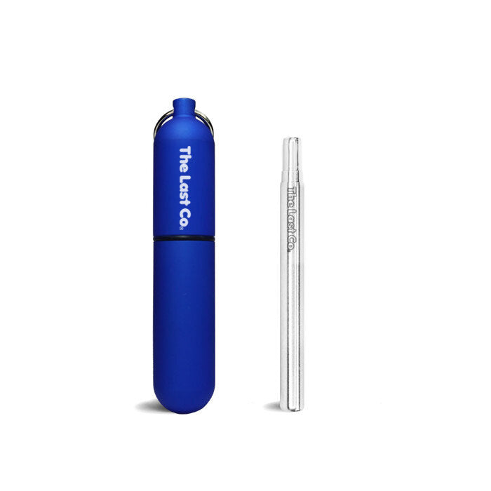 stainless steel reusable straw for cold drinks with a azure metallic case to transport, by The Last Co. Available at cuemars.com