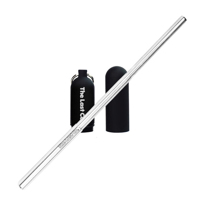 stainless steel reusable straw for cold drinks with a charcoal metallic case to transport, by The Last Co. Available at cuemars.com