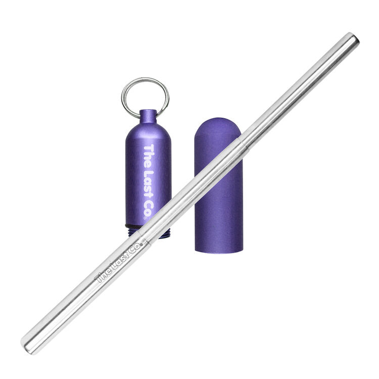 stainless steel reusable straw for cold drinks with a lavender metallic case to transport, by The Last Co. Available at cuemars.com