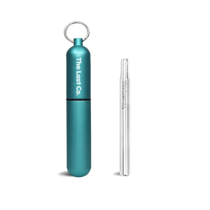 stainless steel reusable straw for cold drinks with a mint metallic case to transport, by The Last Co. Available at cuemars.com