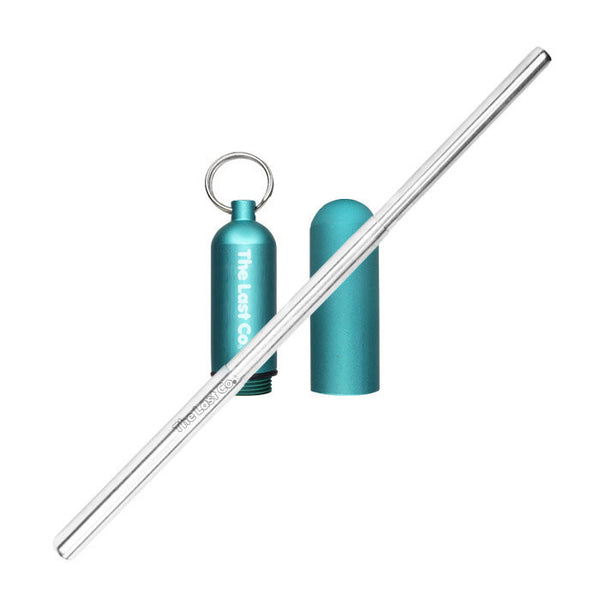 stainless steel reusable straw for cold drinks with a mint metallic case to transport, by The Last Co. Available at cuemars.com