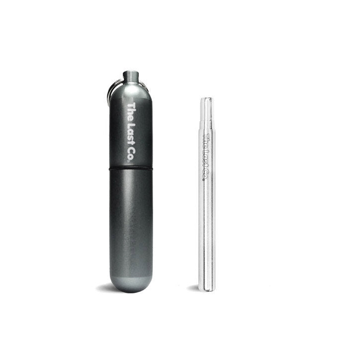 stainless steel reusable straw for cold drinks with a titanium metallic case to transport, by The Last Co. Available at cuemars.com