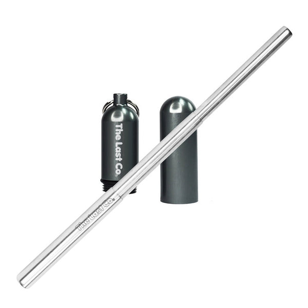 stainless steel reusable straw for cold drinks with a titanium metallic case to transport, by The Last Co. Available at cuemars.com